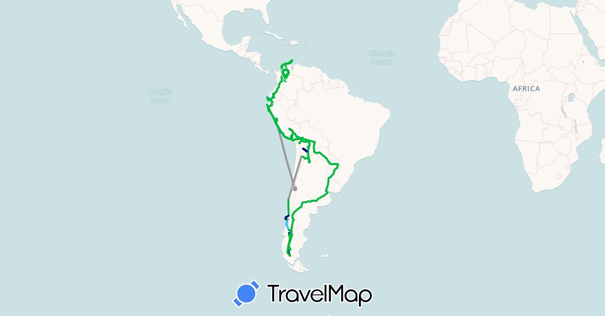 TravelMap itinerary: driving, bus, plane, hiking, boat in Argentina, Bolivia, Brazil, Chile, Colombia, Ecuador, Peru, Paraguay (South America)